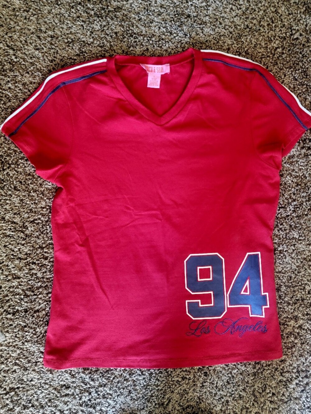 Red V-Neck Juniors Tee with '94' Graphic Sz Large New W Tag